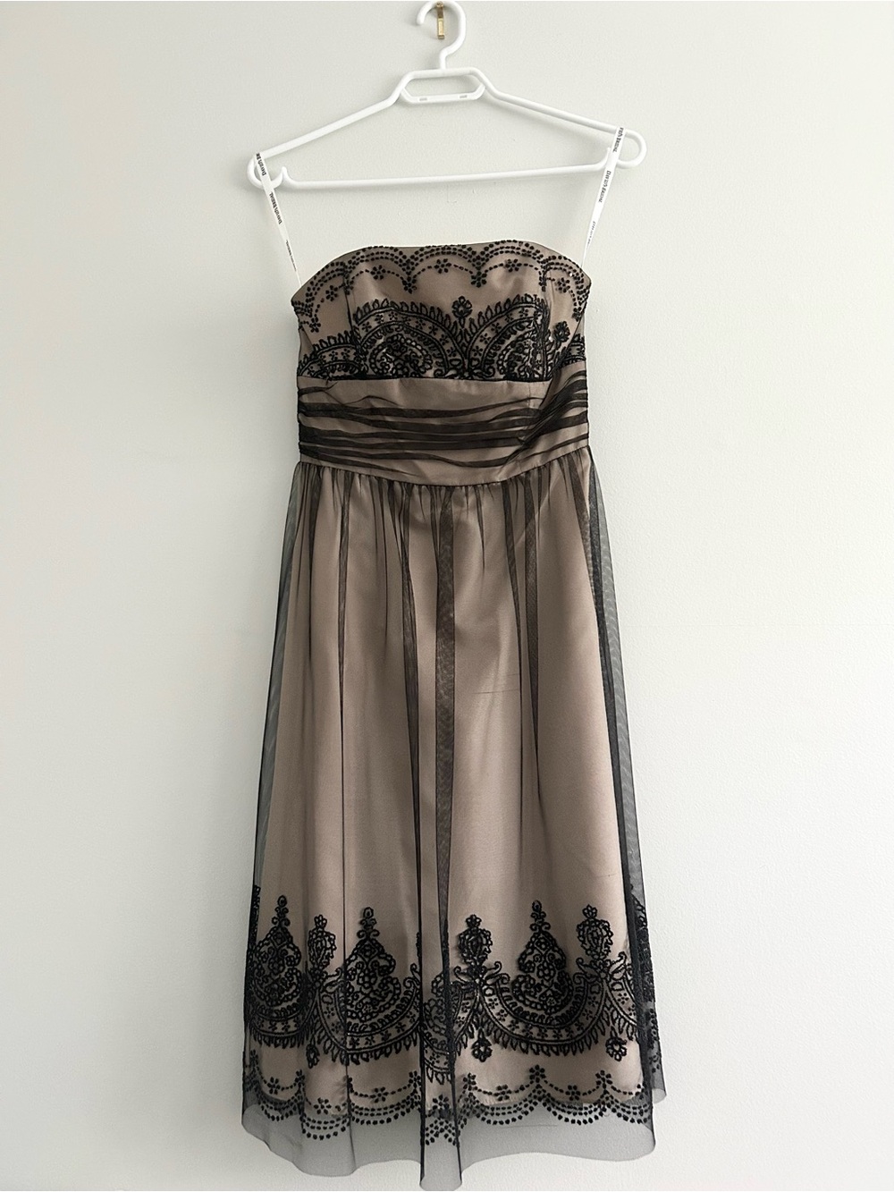 David’s Bridal Strapless Black and Tan Sheer Dress